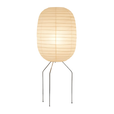 Classic lamp akari nugochi with horizontal pleated rice paper oval shade and wire tripod frame displayed on clean white background