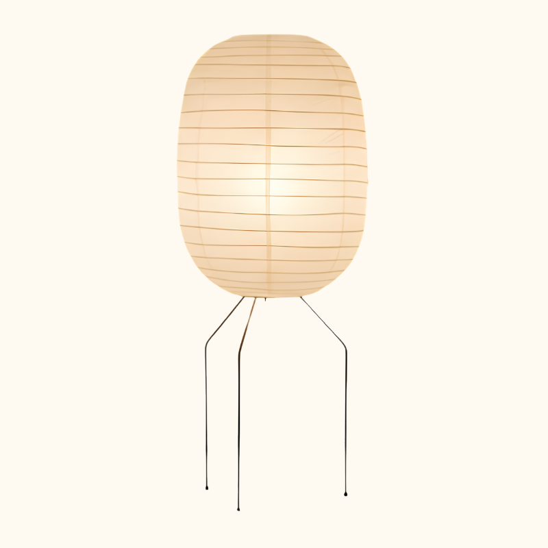 Classic lamp akari nugochi with horizontal pleated rice paper oval shade and wire tripod frame displayed on clean white background