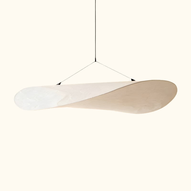 Sculptural lamp japandi pendant with organic wood curves displayed on minimalist cream background