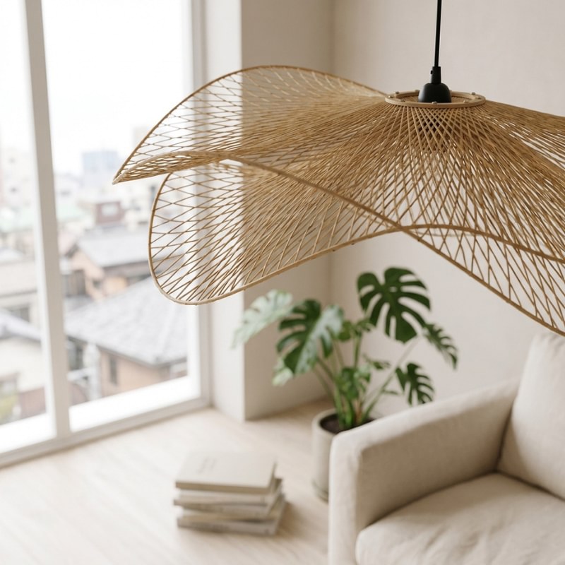 Japandi pendant lamp with woven bamboo butterfly wing shade