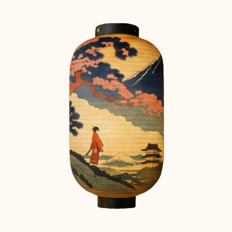 Classic lamp japanese paper featuring Mount Fuji landscape with geisha and pagoda in ukiyo-e style displayed on clean white background