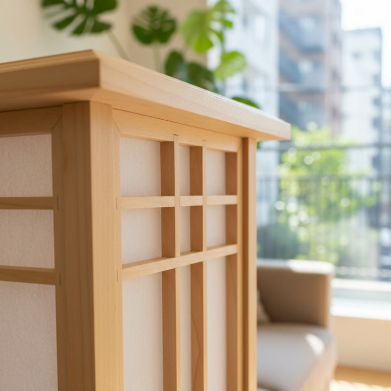 Close up detail of lamp japanese style showing natural wood grain pagoda roof and traditional grid pattern with urban balcony view