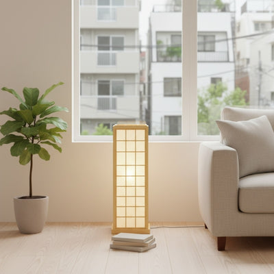 Lamp kumiko design in contemporary urban apartment near window with fiddle leaf plant and beige sofa