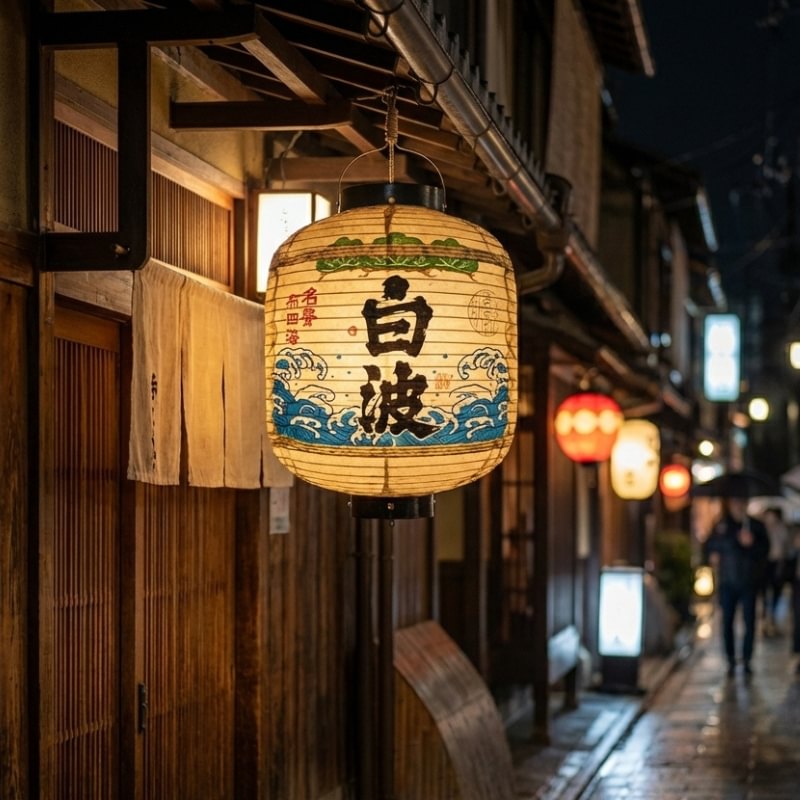 Traditional lamp lantern japanese with coastal motifs glowing outside historic wooden storefront on narrow alley at night with soft bokeh