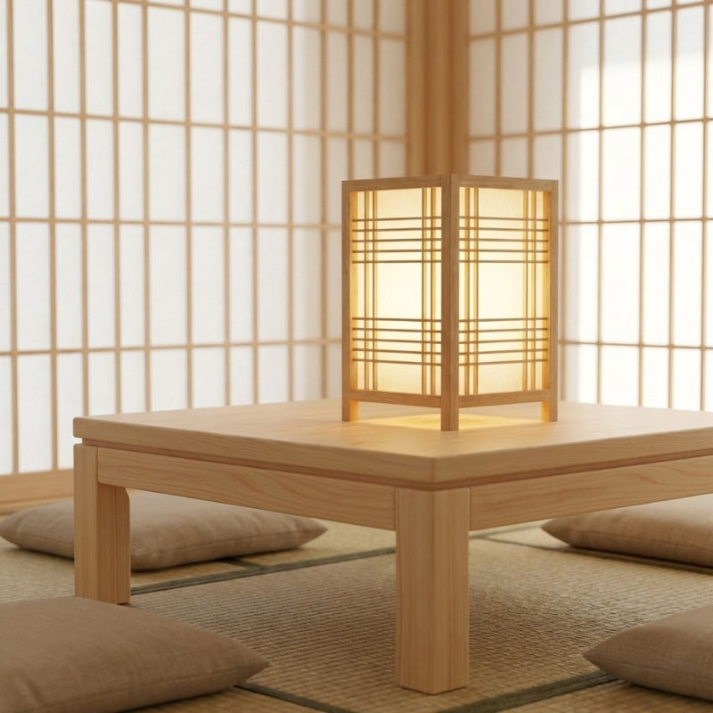 Traditional lamp shoji with warm glowing light and wood grid frame on chabudai table in tatami room