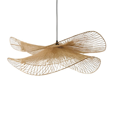 Elegant lamp style japandi featuring woven bamboo wings suspended on minimalist background