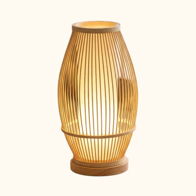 Minimalist lamp wood japanese featuring vertical bamboo strips and natural round wooden base on white background