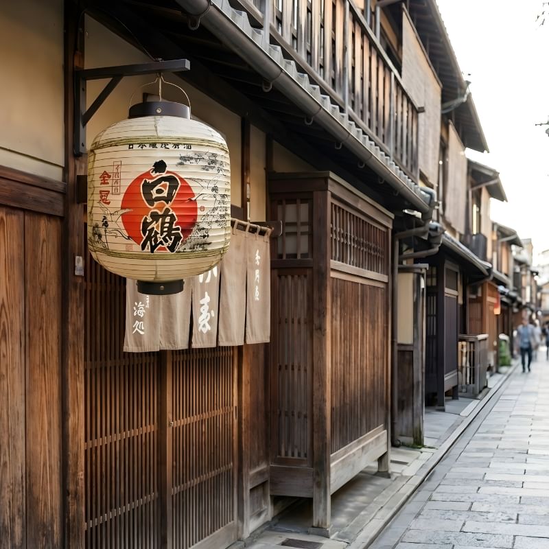 Traditional lantern in japanese red sun design hanging outside historic wooden shopfront with noren curtain in daylight