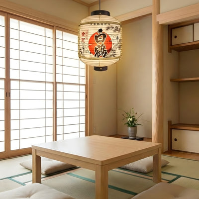 Authentic lantern in kanji japanese design illuminating traditional tatami room with low table and natural wood elements