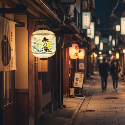 Illuminated lantern japanese paper with ocean wave patterns and spring calligraphy hanging outside traditional wooden restaurant entrance on historic street at night