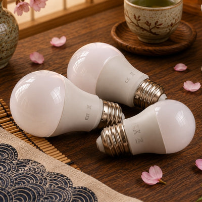 Three LED bulb E27 with frosted white globe and silver screw base arranged on a dark wood surface with cherry blossom petals, a Japanese fan and a ceramic tea cup