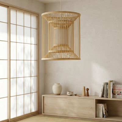 Light japanese ceiling natural bamboo cage pendant hanging in traditional room with shoji screens wooden sideboard and ceramic vases