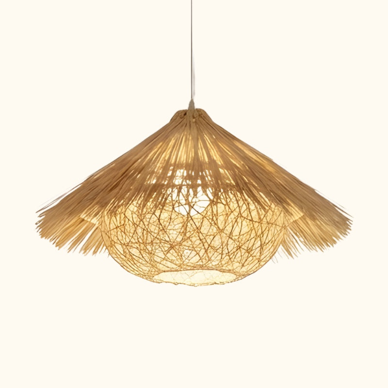 Light Japanese rattan pendant with natural woven cone shade glowing warmly on clean white background for product display