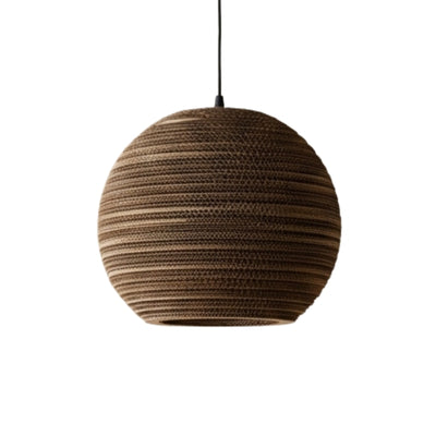 Light pendant Japanese style spherical corrugated brown shade with horizontal ribbed texture on neutral white background