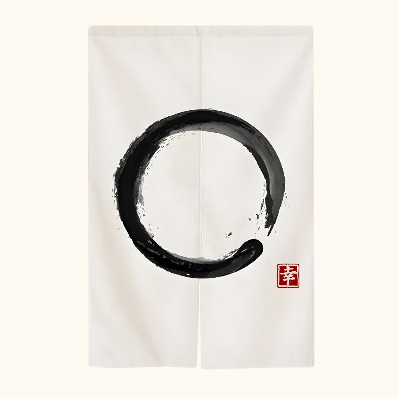 Linen noren curtain featuring Enso zen circle brushstroke with red happiness kanji seal on neutral background