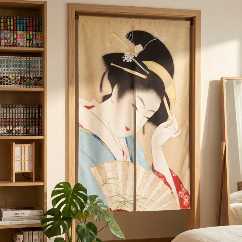 Long curtain noren with geisha Utamaro portrait holding fan hanging in modern bedroom with manga bookshelf and monstera plant