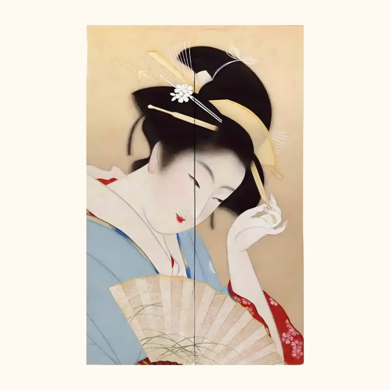 Long noren curtain geisha Utamaro portrait with golden fan and hair ornaments displayed on neutral background