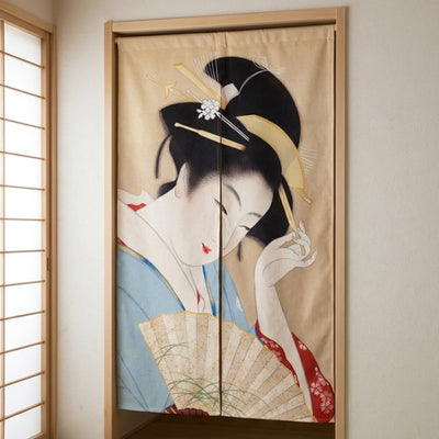 Long noren curtain geisha Utamaro traditional print installed in authentic Japanese room with shoji doors