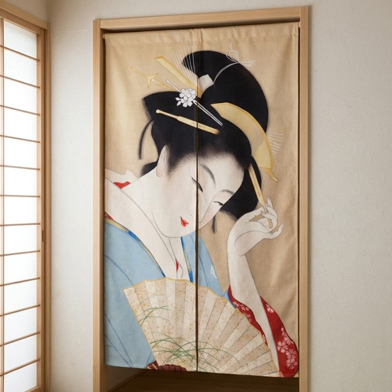 Long noren curtain geisha Utamaro traditional print installed in authentic Japanese room with shoji doors