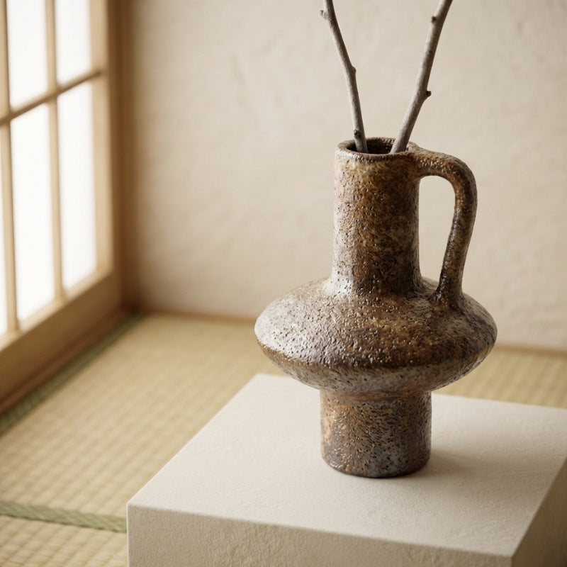 Handcrafted long wabi sabi vase with handle and textured ceramic displaying dried branches on tatami mat