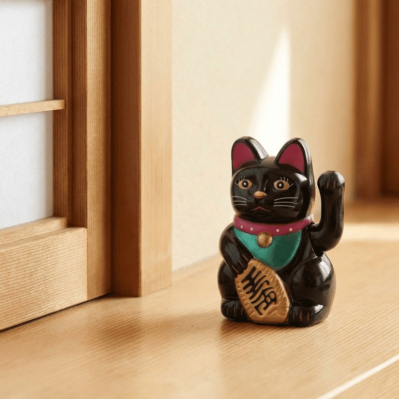 Black lucky cat statue maneki neko with golden coin detail on wooden surface near window catching natural daylight in calm space