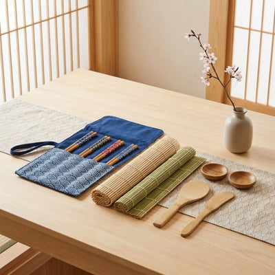 Elegant make kit sushi featuring indigo seigaiha pattern fabric and cherry blossom branch on natural wood table