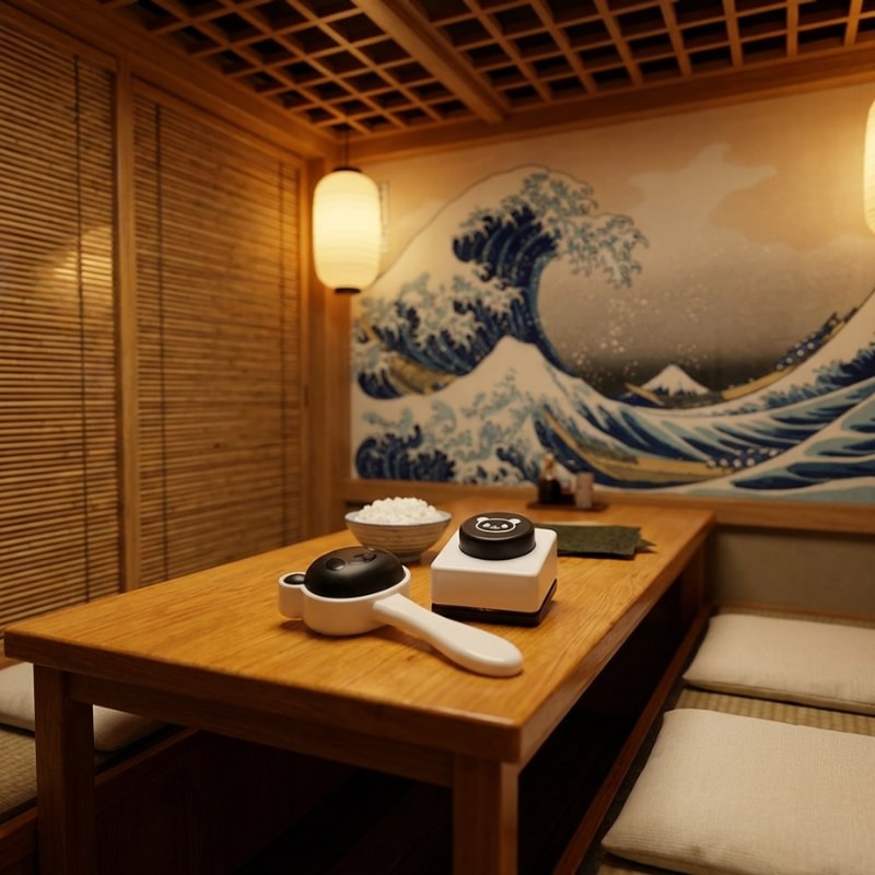 Traditional maker rice sushi tools including ceramic pot and press displayed in authentic Japanese restaurant interior