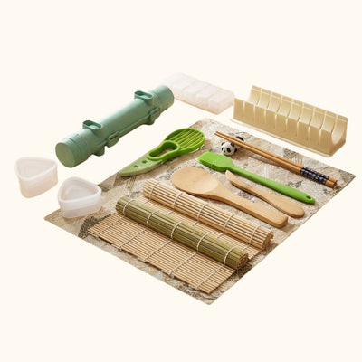 Professional making kit sushi including bamboo rolling mat, triangle molds, wooden utensils and cutting guide
