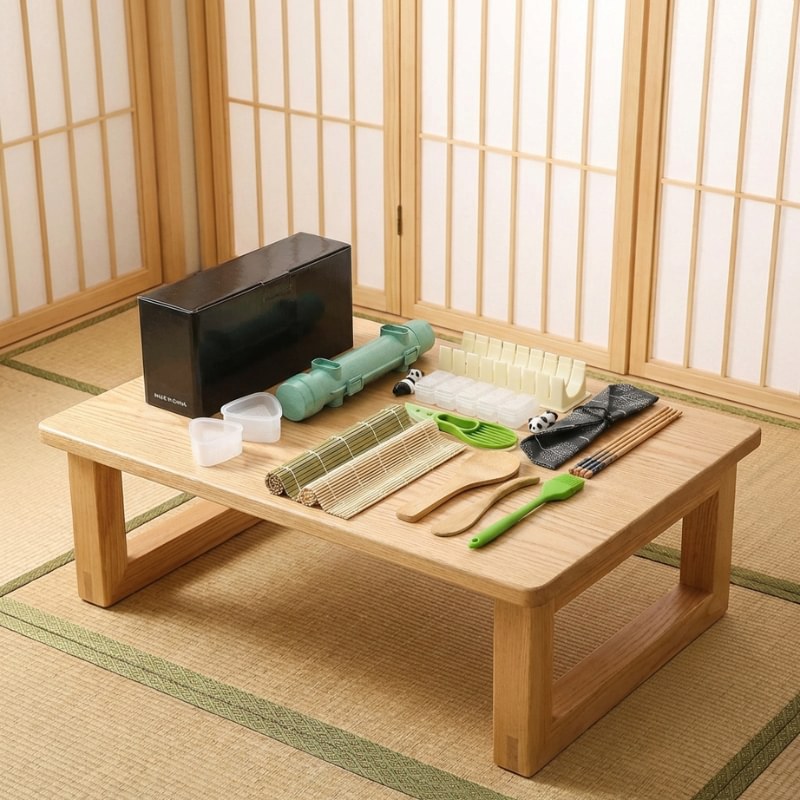 Authentic making sushi kit displayed on chabudai table in tatami room with shoji screen background