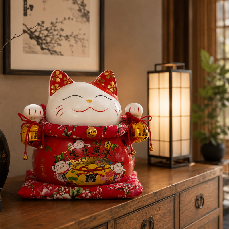 Ceramic maneki neko big lucky cat figurine displayed on a dark wood cabinet beside a glowing black lantern lamp and framed plum blossom ink artwork, in a warm evening interior