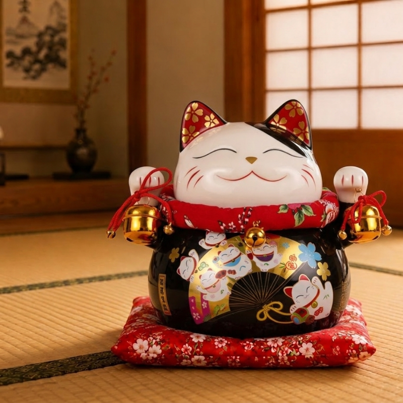 Smiling maneki neko black lucky cat figurine with gold-flecked ears and a painted fan design, seated on a red floral cushion beside a woven jute mat and hanging scroll