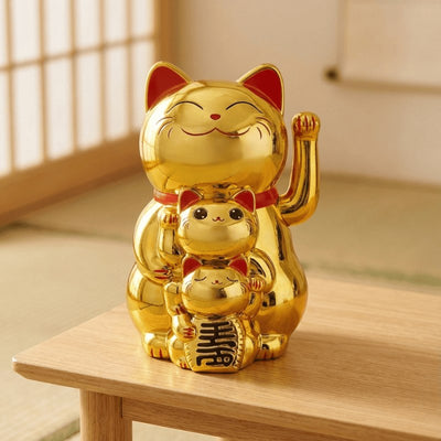 Brilliant maneki neko cat gold family catching sunlight on wooden surface near shoji window in minimalist Japanese home setting