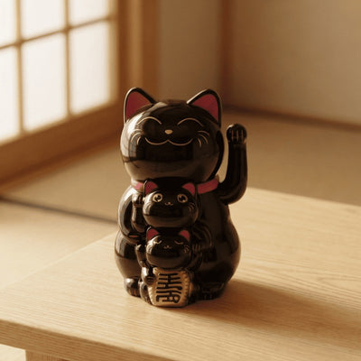 Black maneki neko cute japanese family with pink accents positioned on tatami floor near shoji window in warm natural light