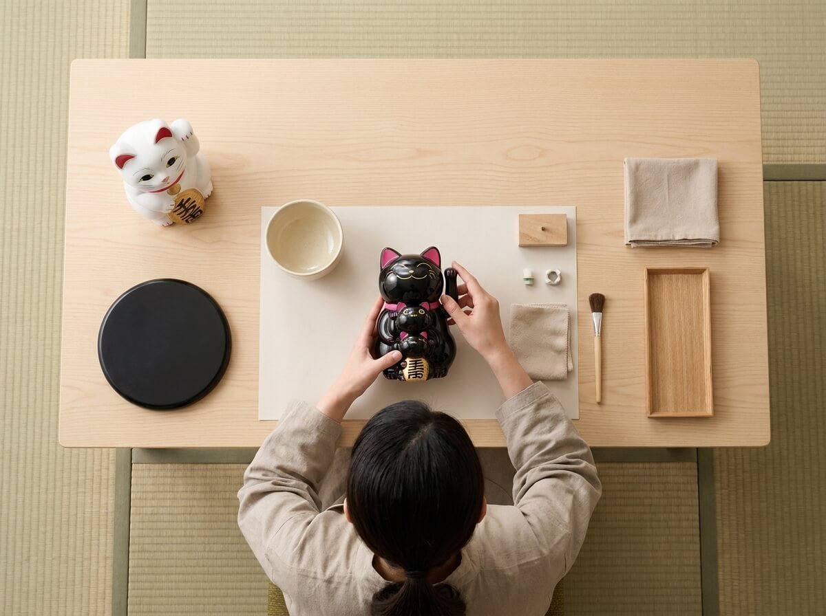 Woman handling a traditional black maneki neko cute stacked figurine on a white paper backdrop, with a white maneki neko statue, ceramic bowl, and wooden tray arranged nearby