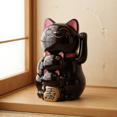 Glossy black maneki neko cute three generation family near window on wooden floor in traditional Japanese interior with soft daylight