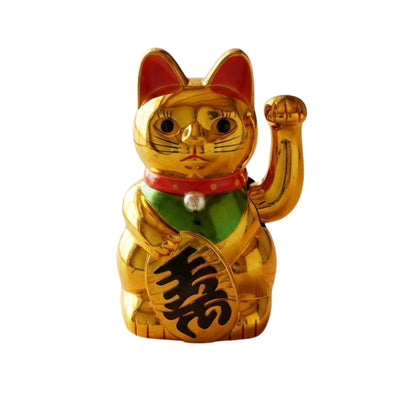 Metallic gold cat maneki neko three generation family with reflective finish and red accents displayed on clean white background