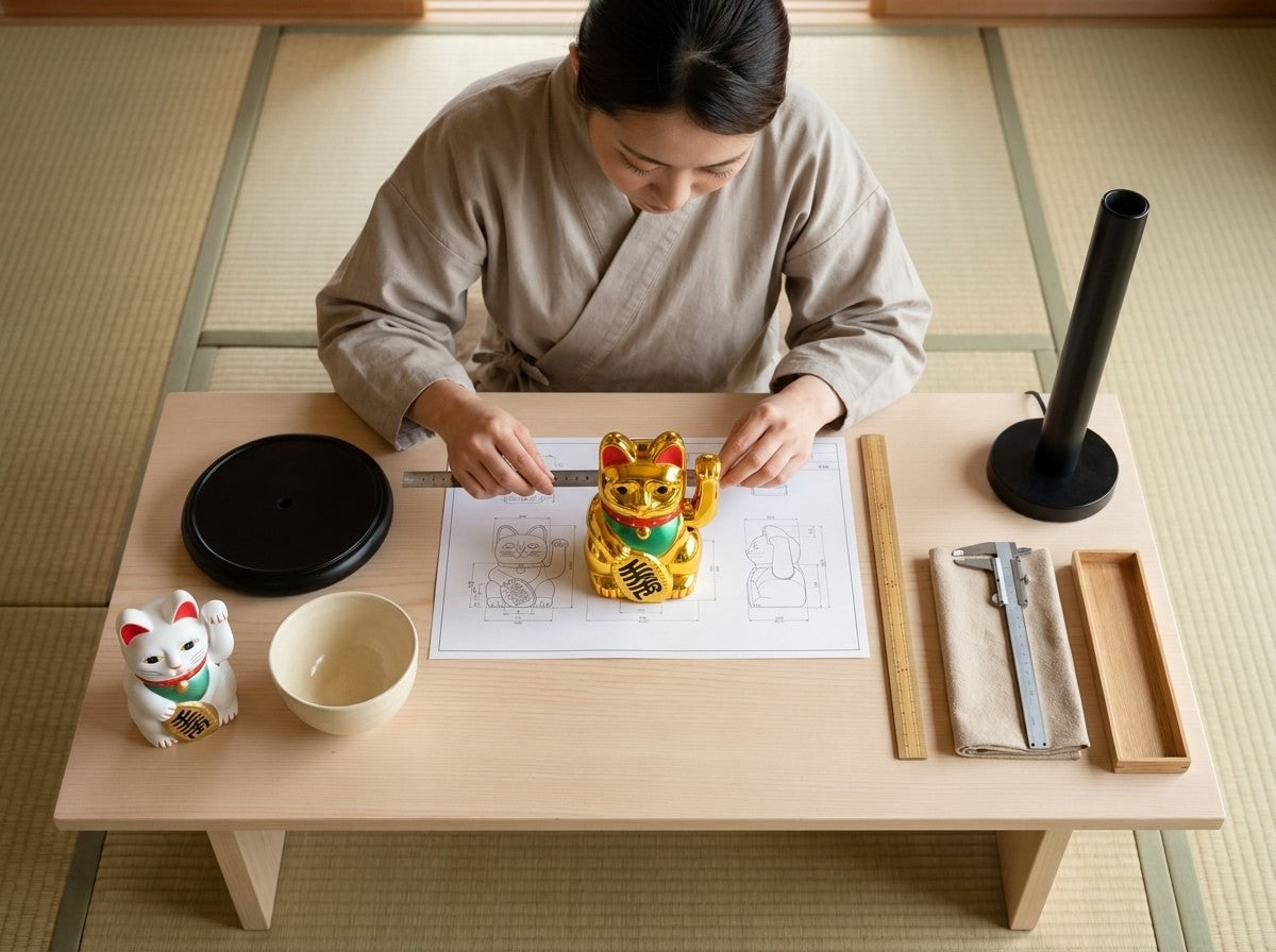 Overhead workshop shot measuring a traditional gold maneki neko cat figurine with raised paw on a scale blueprint, white maneki neko and ceramic bowl on the table
