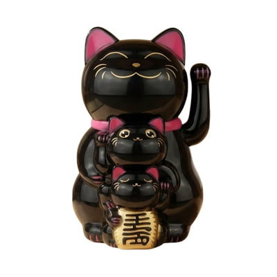 Three tier black maneki neko japanese cute family with pink ears and gold treasure displayed on neutral white background