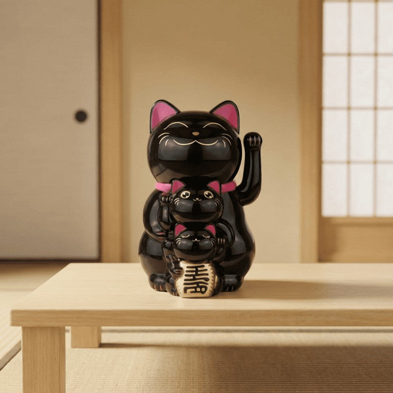 Black maneki neko japanese cute family positioned on wooden table in traditional room with shoji screen and warm ambient lighting