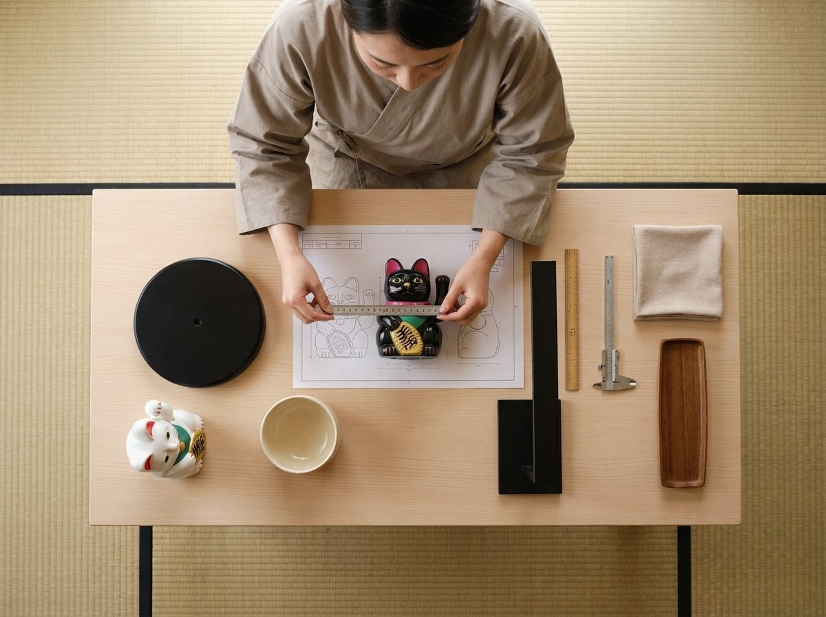 Overhead workshop shot measuring a traditional black maneki neko lucky cat statue on a scale blueprint, white maneki neko figurine and calipers on the table