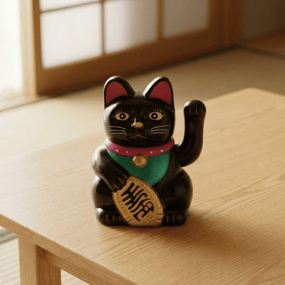 Black maneki neko lucky cat statue with golden eyes and treasure coin on wooden table in traditional room with shoji screen