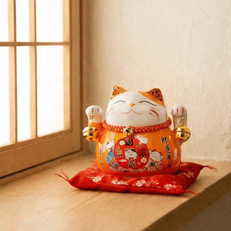 Welcoming maneki neko lucky figurine in bright orange with traditional kanji sitting on red cushion near shoji screen window with golden afternoon light
