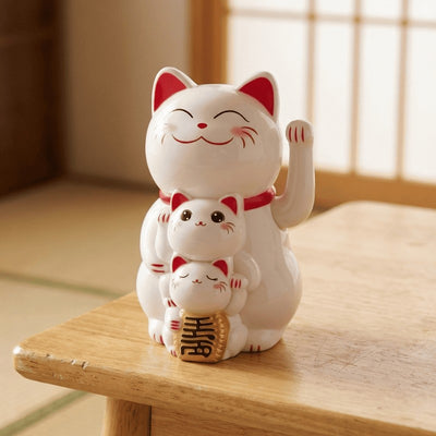 White maneki neko solar family trio on wooden table in Japanese tatami room with natural light from shoji window