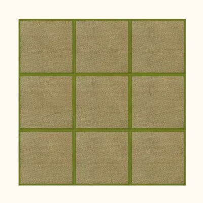 Mat floor japanese set of nine green bordered natural rattan squares arranged in grid pattern on white background