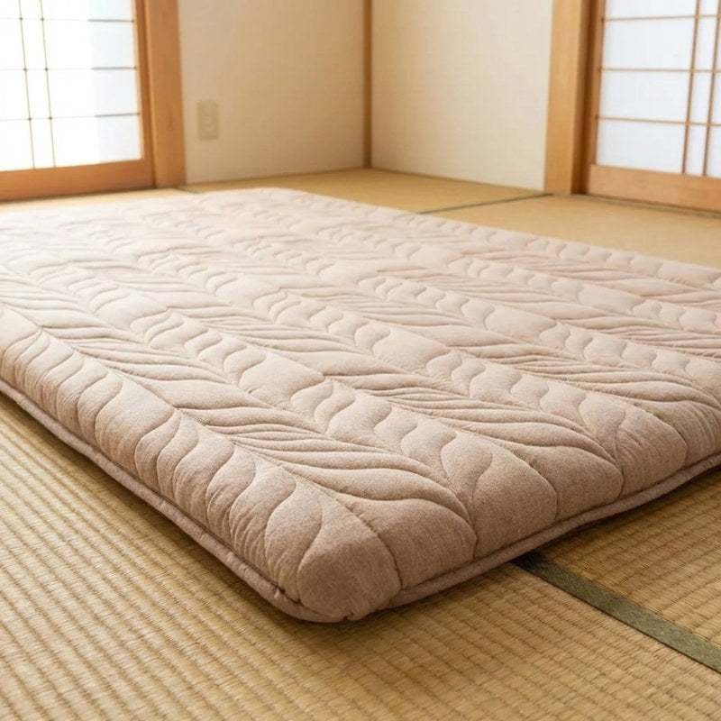 Mat japanese futon with beige wave quilting on tatami floor in bright traditional room with shoji screens