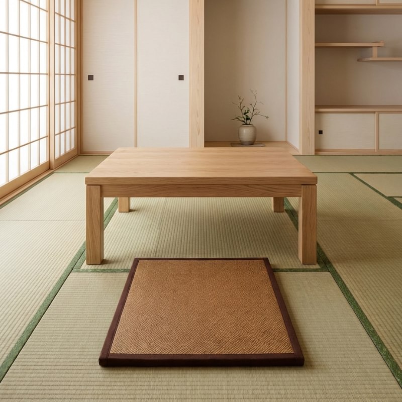 Mat japanese in brown rattan weave under low wooden table on tatami flooring with shoji screen fusuma and tokonoma niche