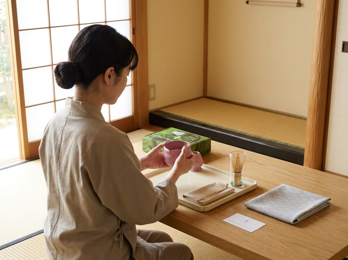 Woman in linen apron holding a pink ceramic matcha gift set bowl with bamboo whisk and green box on a wooden table in a traditional Japanese room