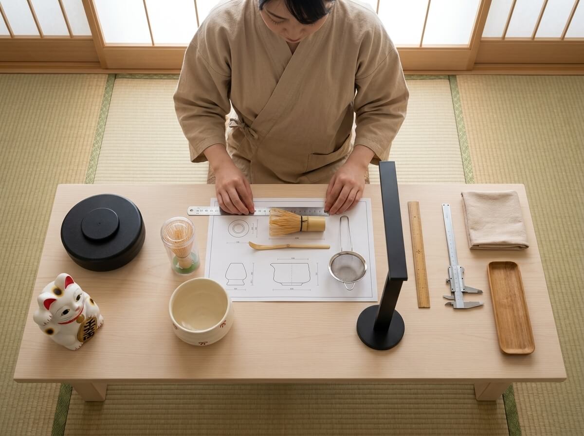 Overhead view of hands aligning a bamboo whisk and strainer from a matcha green tea set against a blueprint, cream ceramic bowl with red trim placed beside the tools