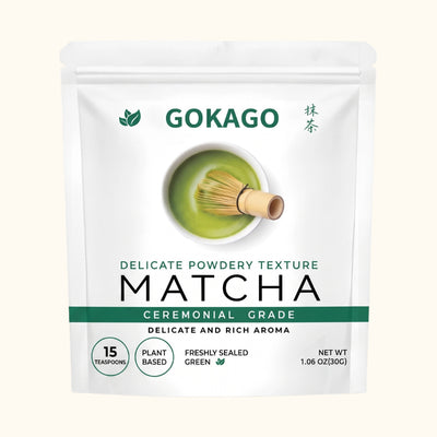 GOKAGO ceremonial grade matcha, a Japanese green tea powder presented in a resealable 30g pouch against a clean background.