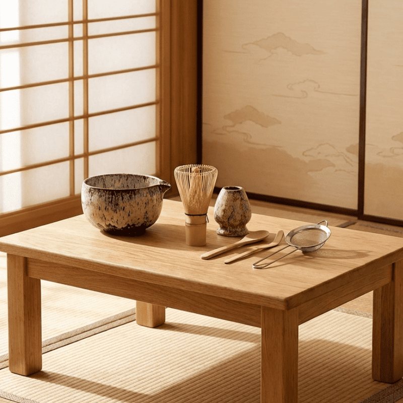 Minimalist pink matcha japanese tea set speckled ceramic bowl and bamboo whisk on low wooden table beside shoji screen with mountain art